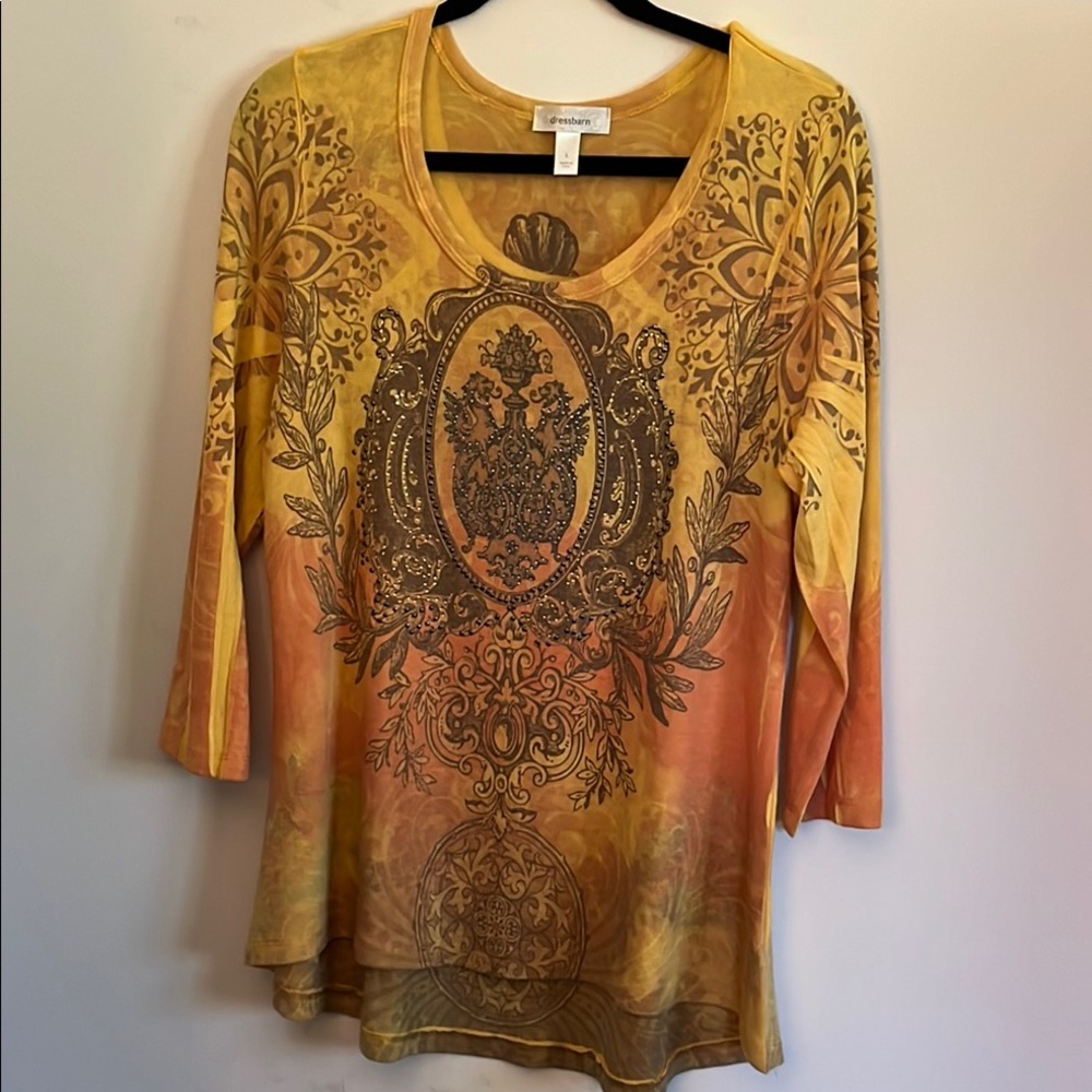 Dressbarn Gold and Orange 3/4 Sleeve Graphic Blouse